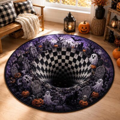 3D Halloween Graveyard Ghost Pumpkin Quilted Rug