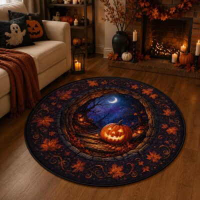 3D Halloween Scarecrow Pumpkin Purple Illusion Rug