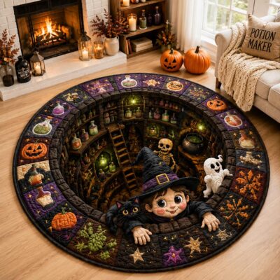 3D Halloween Witch Black Cat Cauldron Rug
