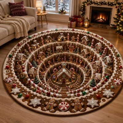 3D Christmas Gingerbread Village Optical Illusion Rug