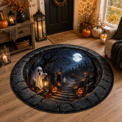 3D Halloween Graveyard Ghost Haunted House Rug