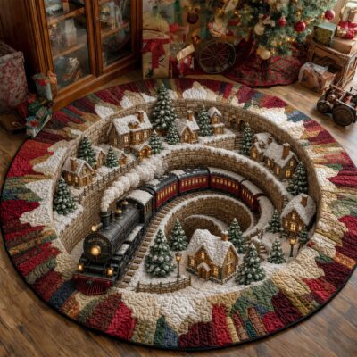 3D Christmas Winter Train Snowy Village Rug