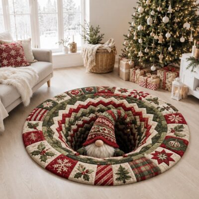 3D Christmas Gnome Vortex Quilt Patchwork Rug