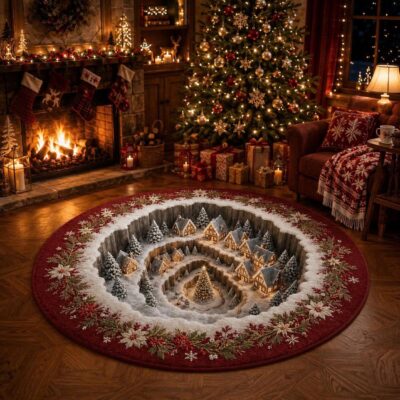 3D Christmas Snowy Village Red Poinsettia Rug