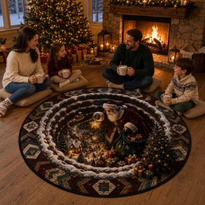 3D Christmas Santa Claus Snowy Village Rug
