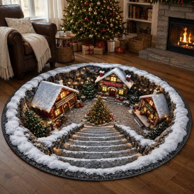 3D Christmas Snow Town Spiral Vortex Rug