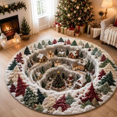 3D Christmas Snowy Village Cozy Holiday Rug