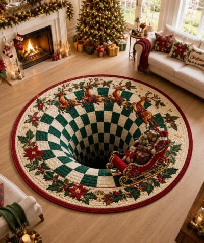 3D Christmas Santa Sleigh Reindeer Checkered Rug