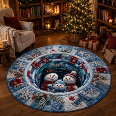 3D Christmas Snowman Family Snowflake Quilted Rug