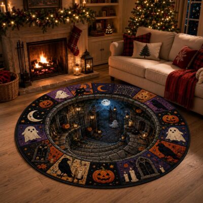 3D Halloween Graveyard Vortex Ghost Cat Rug