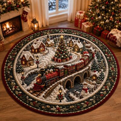 3D Christmas Snowy Train Winter Village Rug
