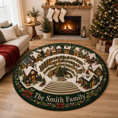 3D Christmas Snow Village Spiral Staircase Custom Rug