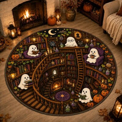 3D Halloween Ghost Library Purple Orange Rug
