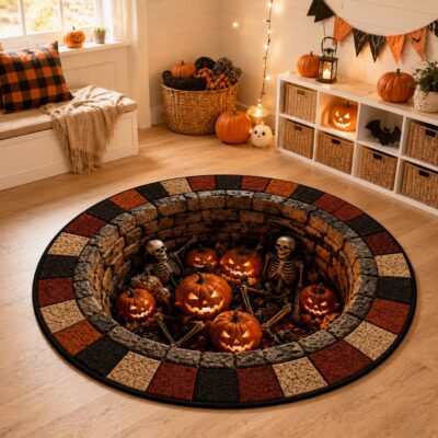 3D Halloween Skeleton Pit Pumpkin Gothic Rug