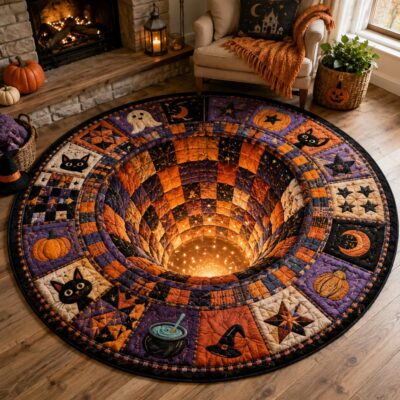 3D Halloween Black Cat Autumn Vortex Rug