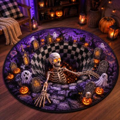 3D Halloween Skeleton Graveyard Ghost Pumpkin Rug