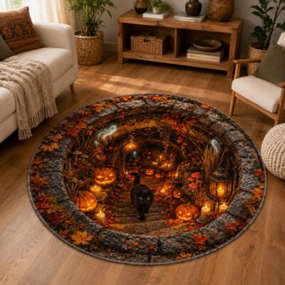 3D Halloween Witchy Cat Pumpkin Vortex Rug