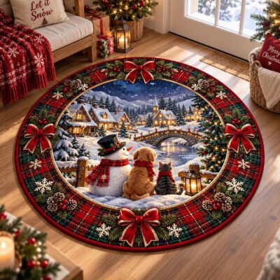 3D Christmas Snowman Dog Cat Village Rug