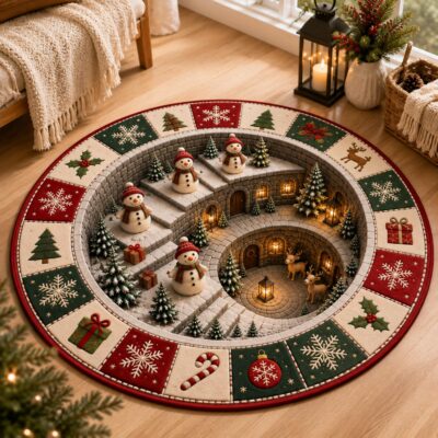 3D Christmas Snowman Reindeer Family Keepsake Rug
