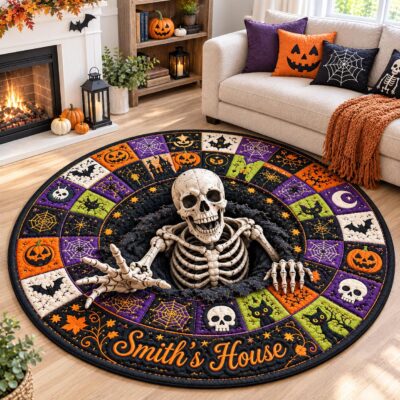 3D Halloween Skeleton Pumpkin Family Custom Rug