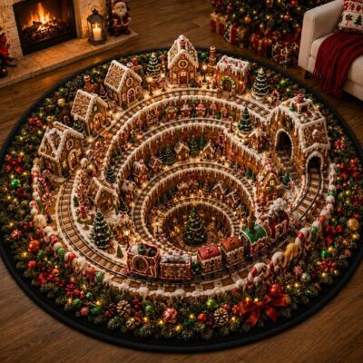 3D Christmas Gingerbread Village North Pole Rug