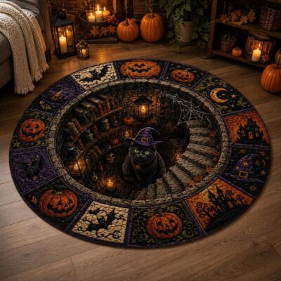 3D Halloween Witch Cat Pumpkin Rug