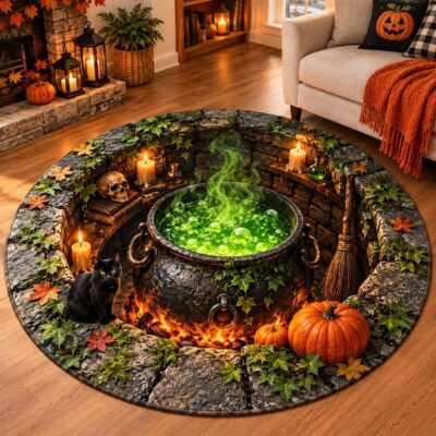 3D Halloween Witch Cauldron Black Cat Rug