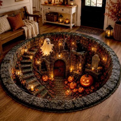 3D Halloween Witch Cat Pumpkin Raven Rug