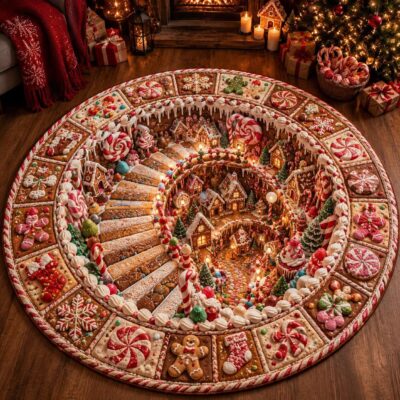 3D Christmas Gingerbread Village Candy Cane Rug