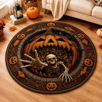 3D Halloween Pumpkin Skeleton Quilted Gothic Rug