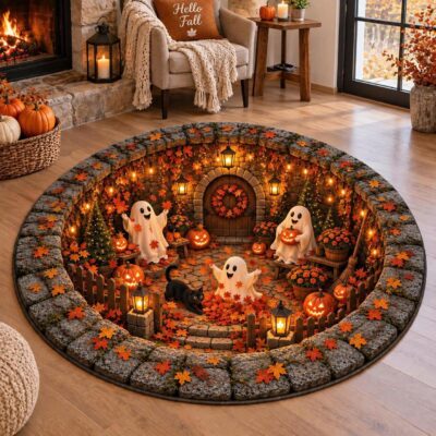 3D Halloween Pumpkin Ghost Skeleton Pit Rug