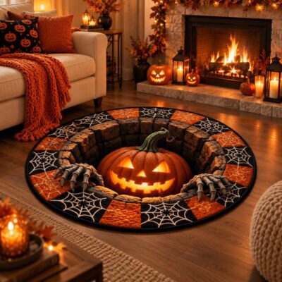 3D Halloween Haunted Pit Black Cat Rug