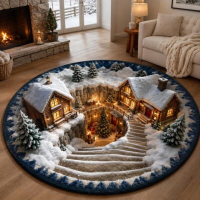 3D Christmas Snow Town Spiral Staircase Rug